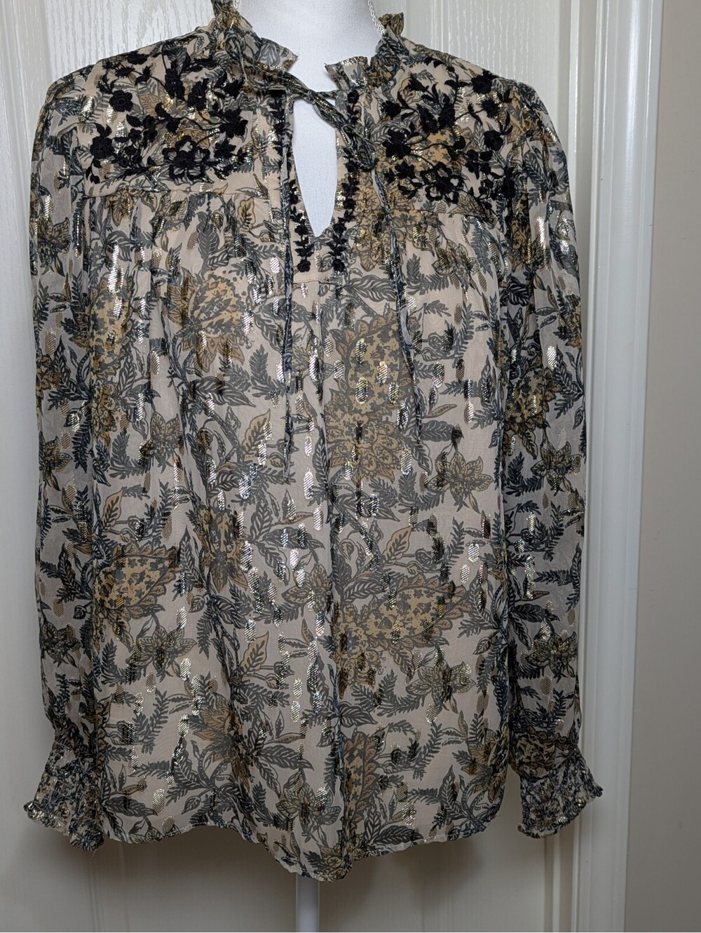 Farmers Blouse Brown with Gold V-Neck Long Sheer Sleeves Women's Size Medium